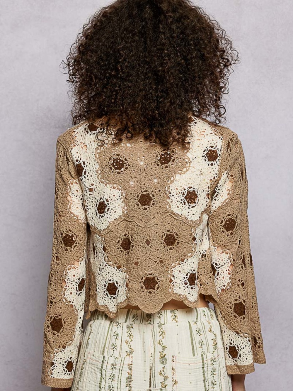 NWT POL Bohemian Mocha Crochet Bell Sleeve Sweater One Size - Picture 3 of 5
